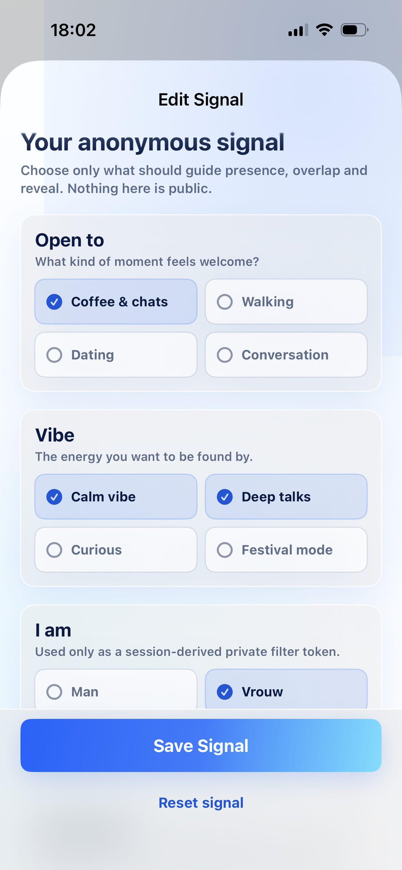 InSync signal setup with Open To and Vibe settings